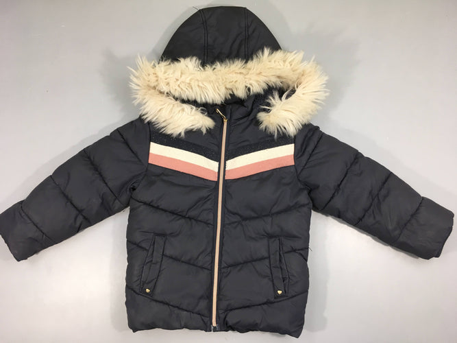 Doudoune à capuche fausses fourrure bleu foncé bandes écru-rose-bleu irisé, moins cher chez Petit Kiwi