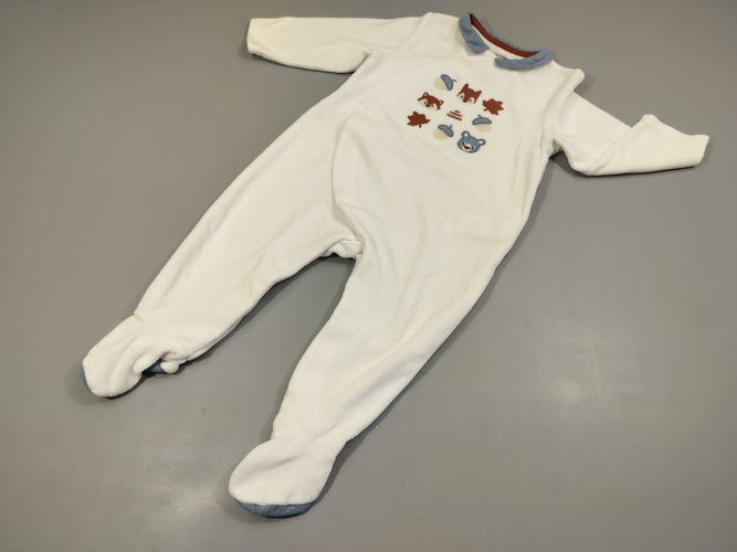 Pyjama velours blanc col bleu  motifs de la forêt (écureuil, feuilles,...) 80% coton 20% polyester, moins cher chez Petit Kiwi