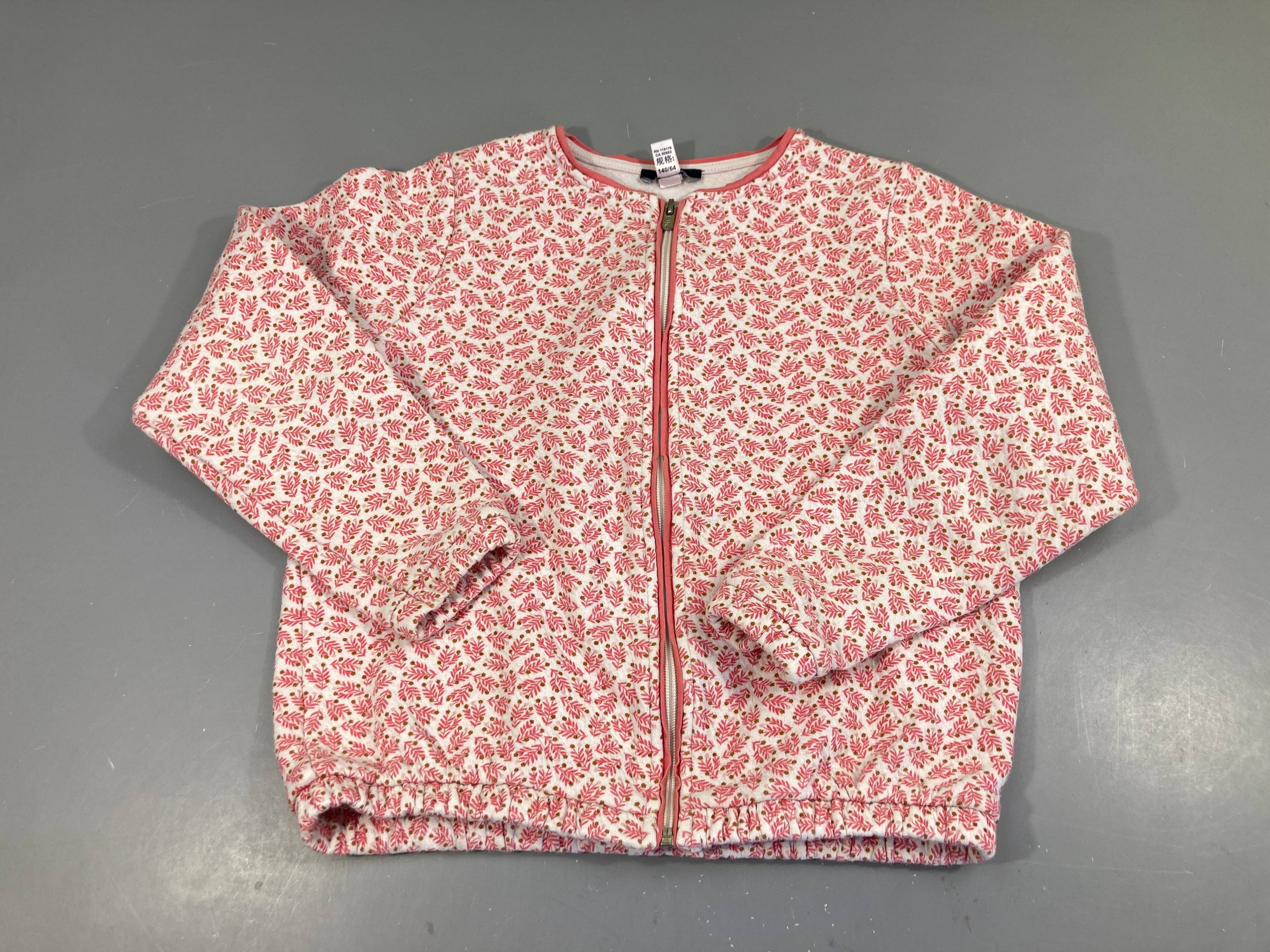 Gilet zippé jersey écru motifs végétaux rose et brun