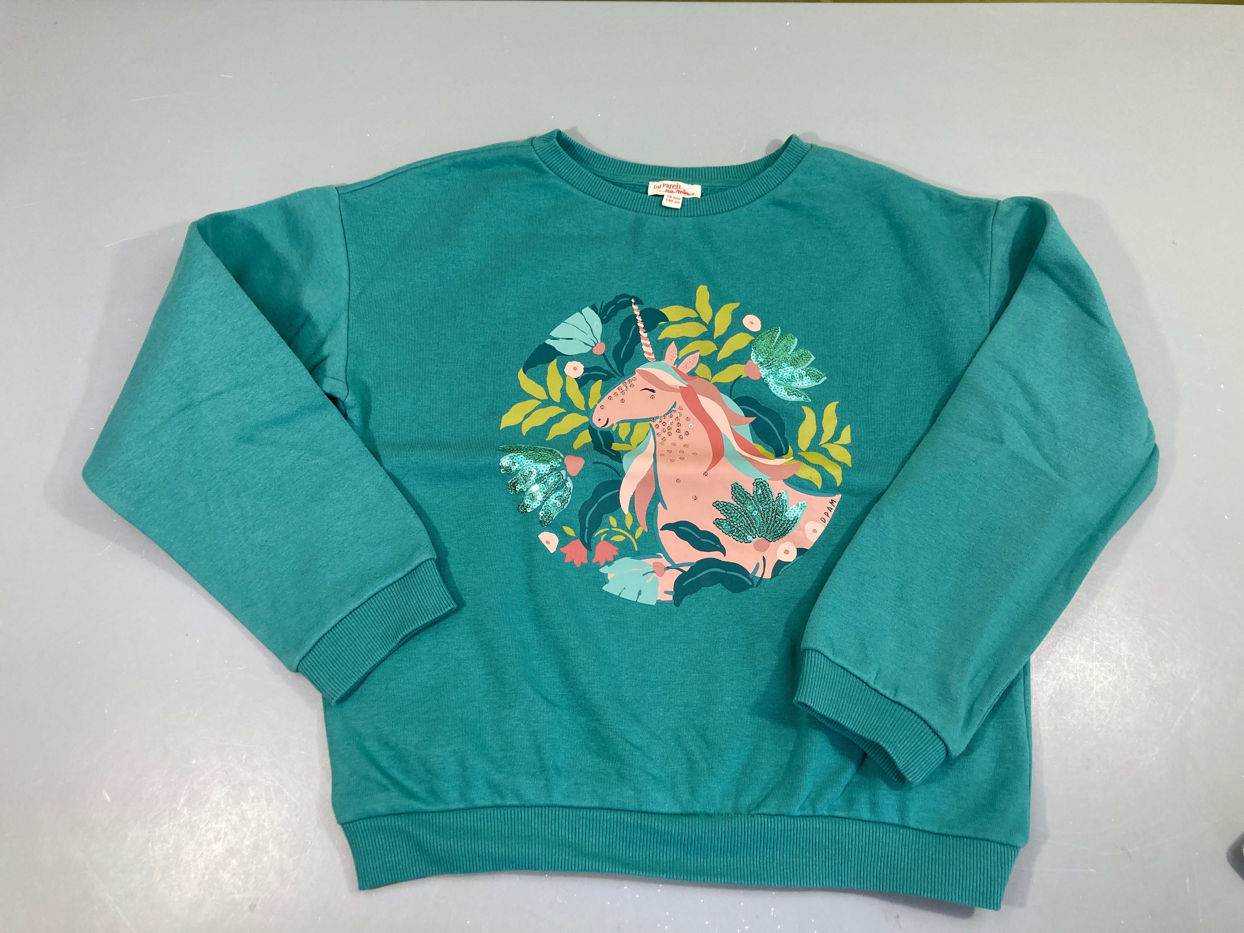 Sweat vert motif licorne et sequins