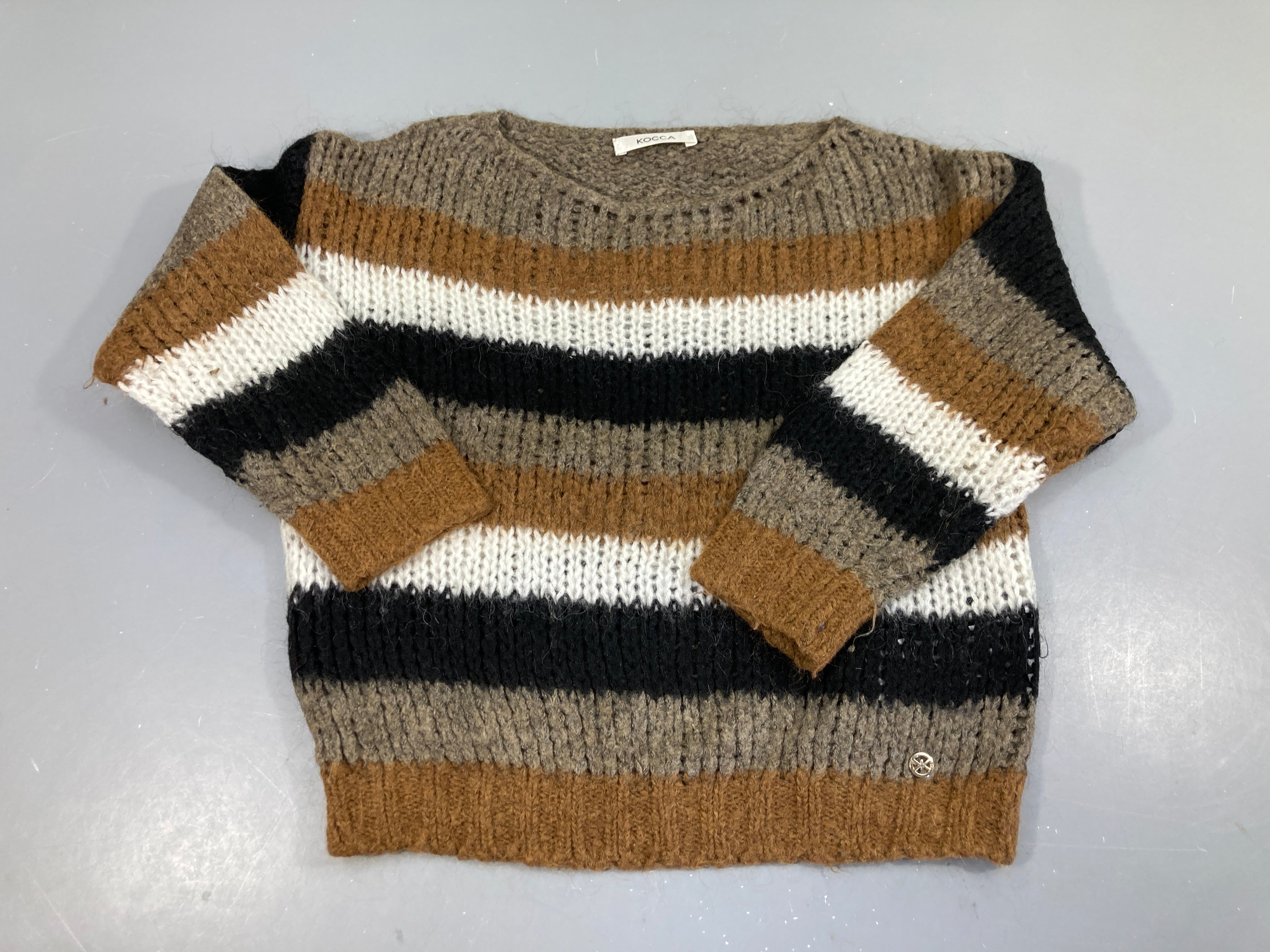 Pull m.l grosse maille rayures brun/blanc/noir, KOCCA