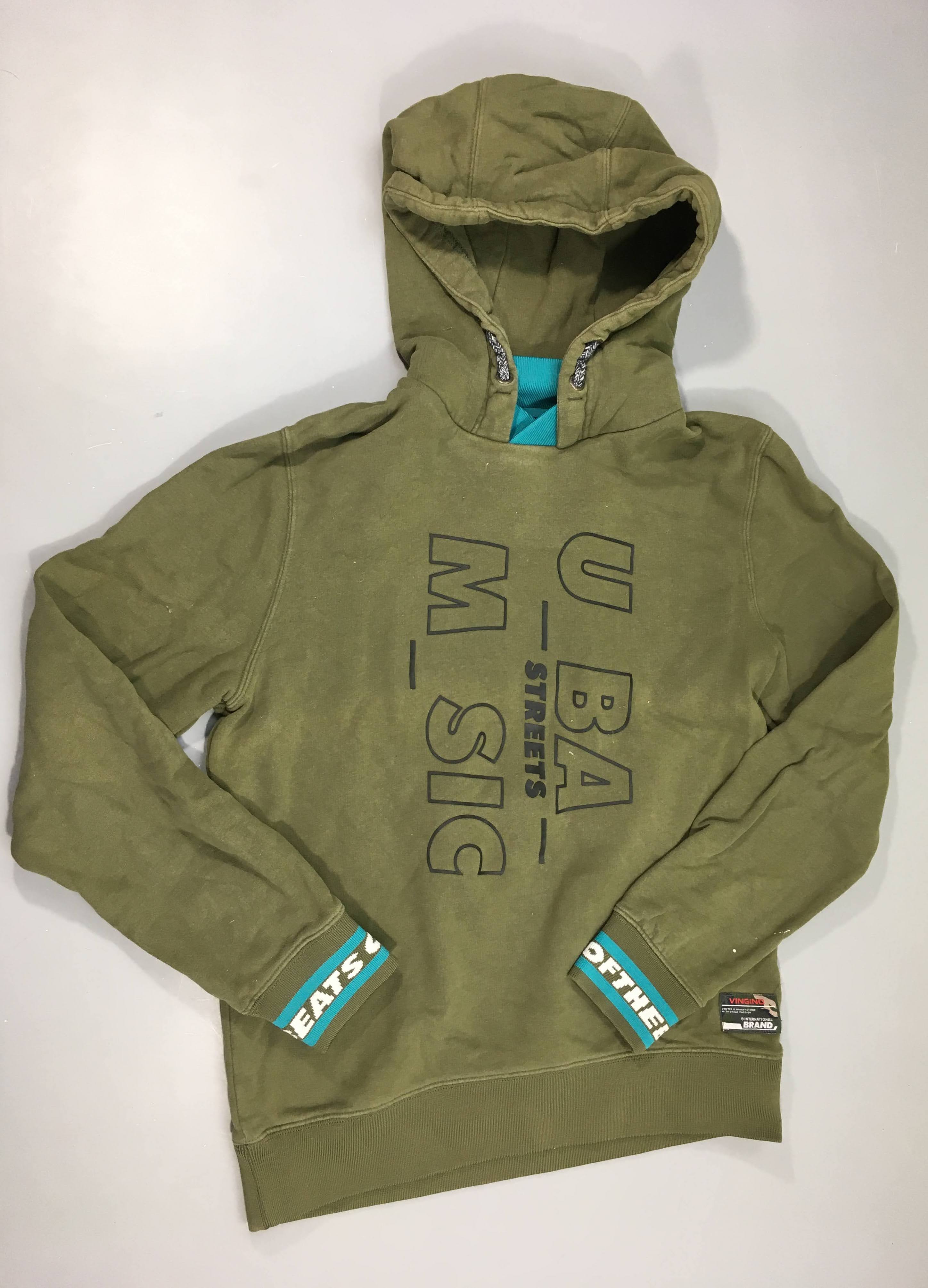 Sweat à capuche kaki, faux col bleu, 