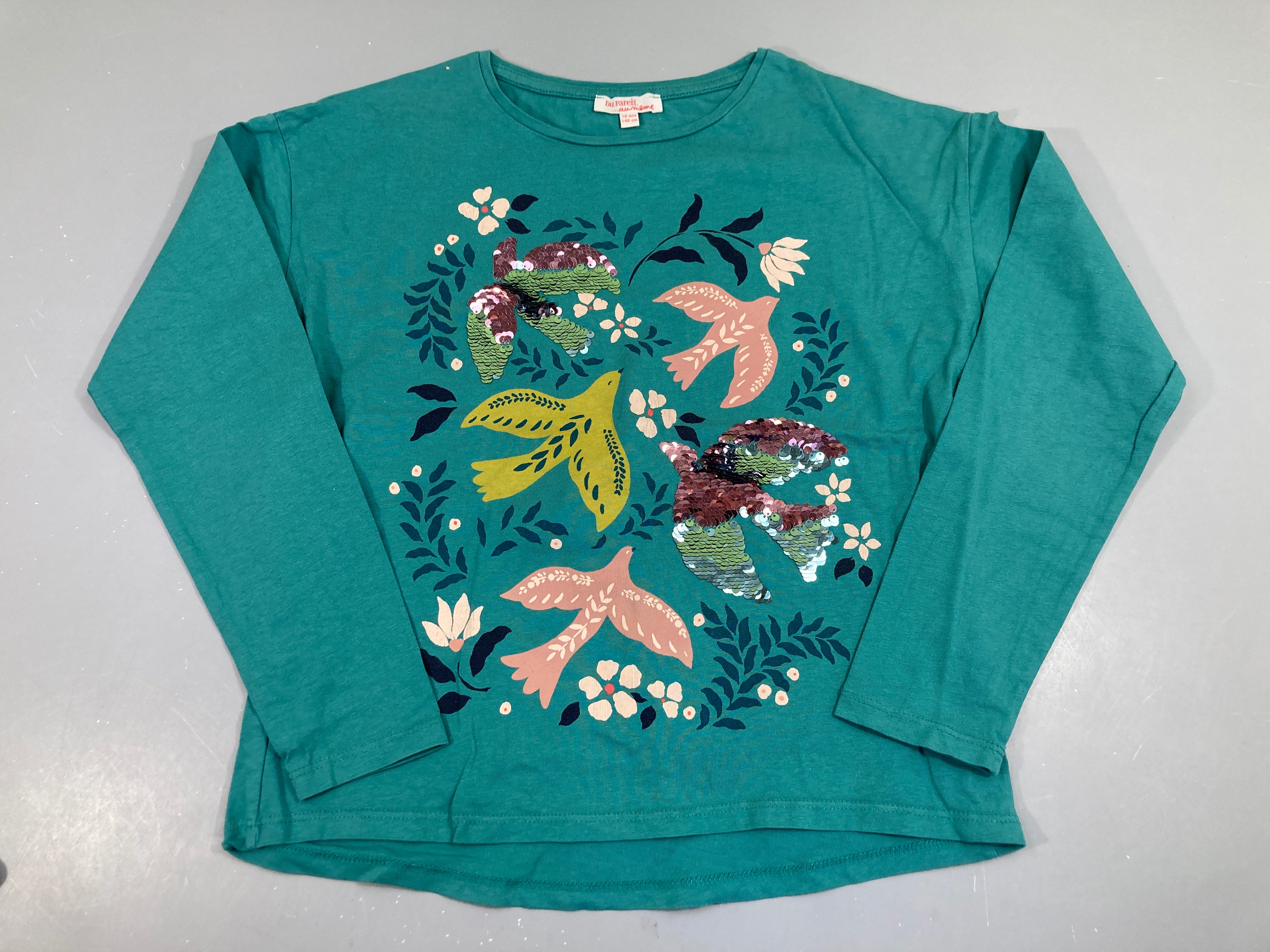 T-shirt m.l jersey vert oiseaux sequins
