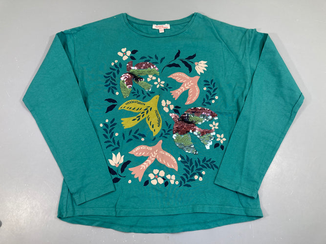 T-shirt m.l jersey vert oiseaux sequins, moins cher chez Petit Kiwi