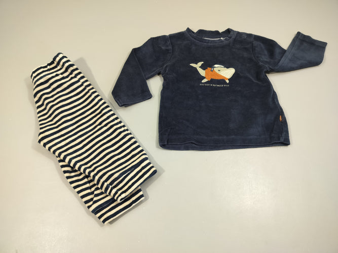 Pyjama 2pcs velours  bleu marine  baleine, dessous rayé bleu marine,blanc  80% coton 20% polyester, moins cher chez Petit Kiwi