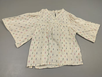 Blouse ml blanche, motifs colorés avec fils métalliques. Pas de taille indiquée, estimée 5a
