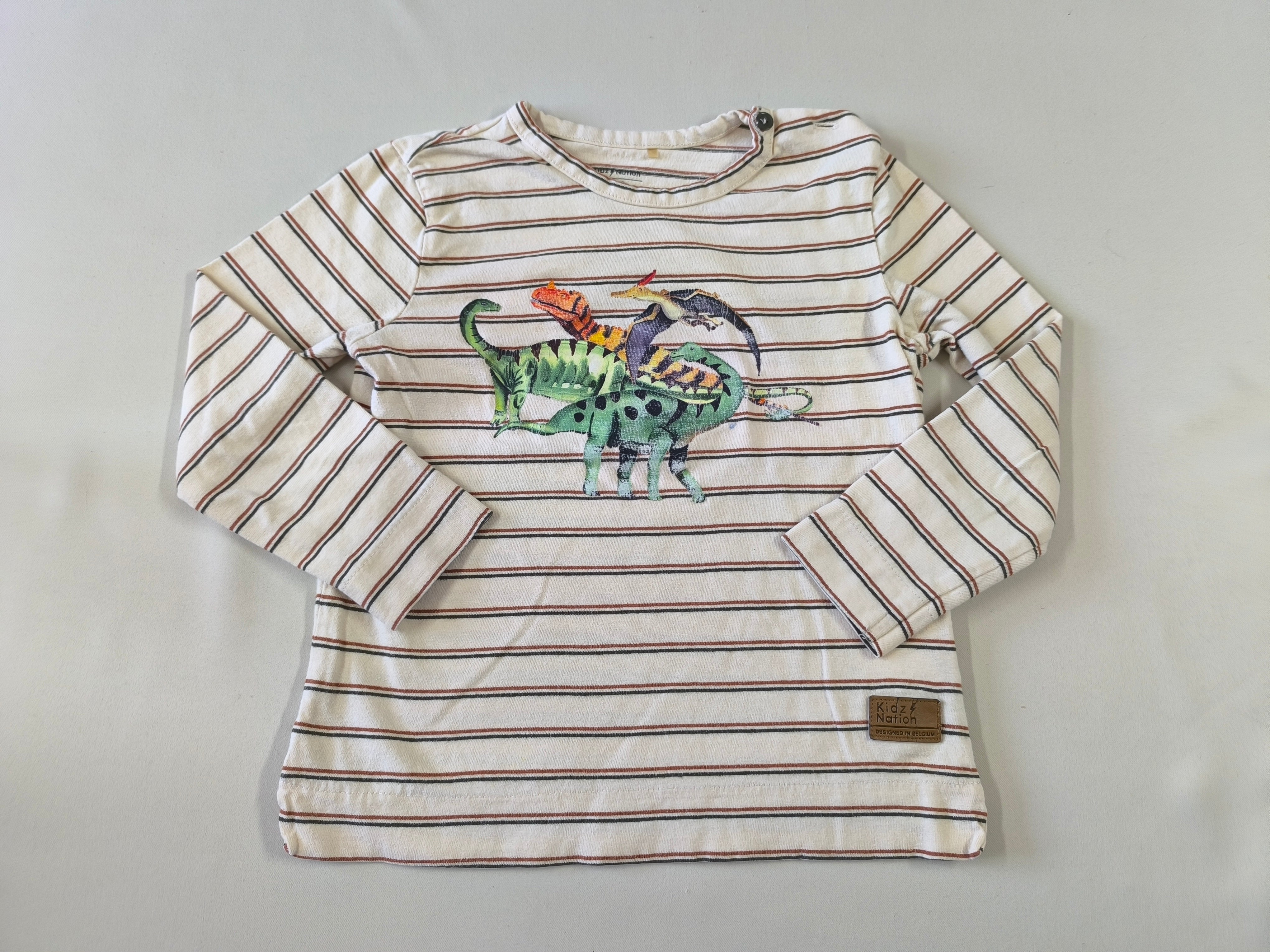 T-shirt m.l beige rayé brun/kaki dinosaures (flocage craquelé)