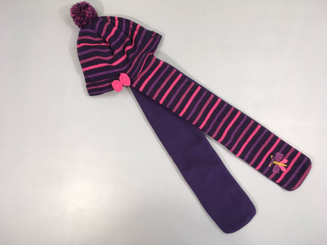 Bonnet mauve rayé doublé polar avec pompom et écharpe intégrée, moins cher chez Petit Kiwi