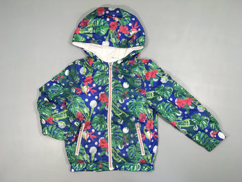 Veste coupe vent doublée jersey à capuche bleue motifs feuillage vert fleurs rose (intérieur capuche à relaver sur bord) Mek