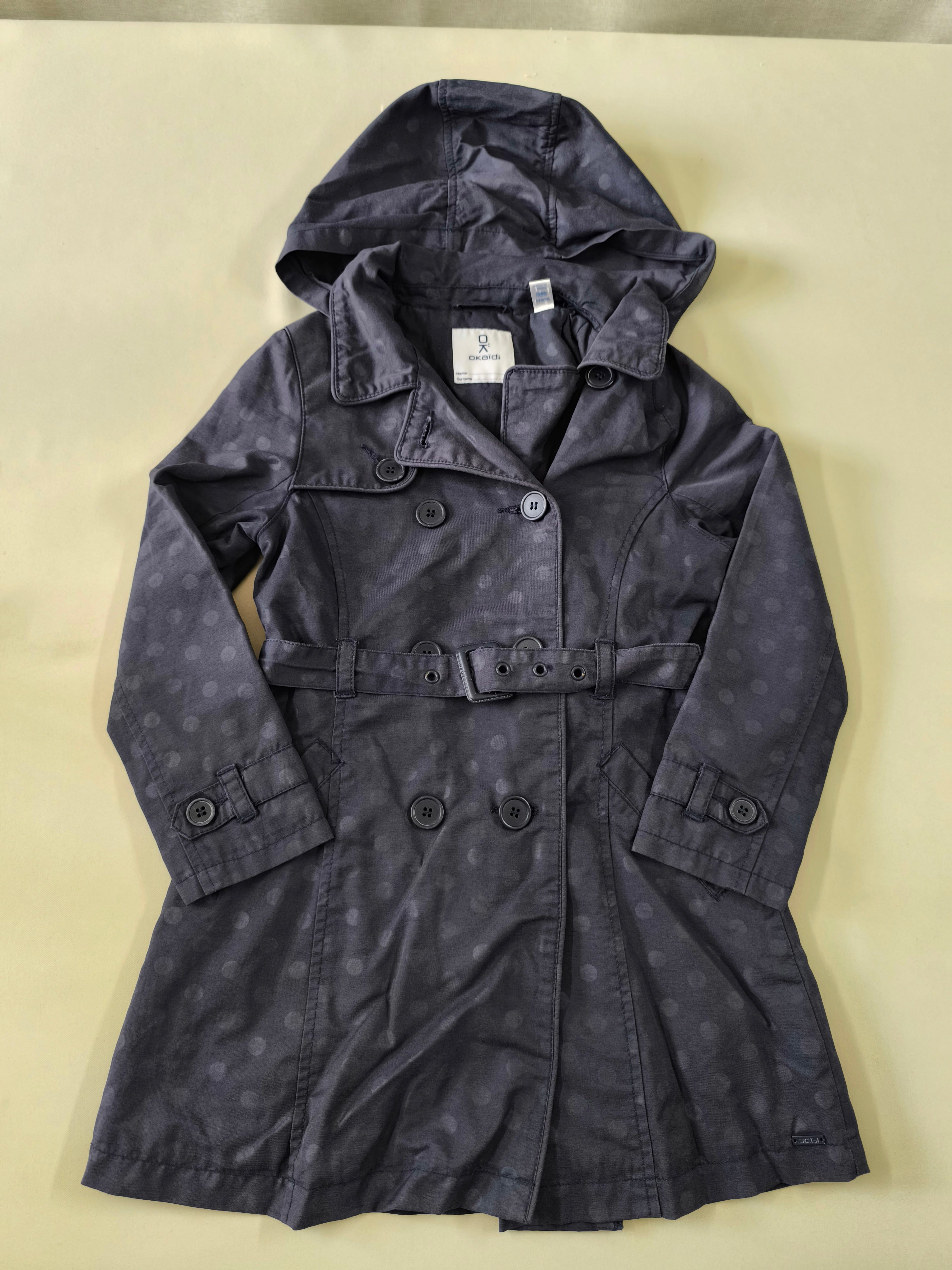 Veste trench à capuche amovible bleu marine à pois + ceinture