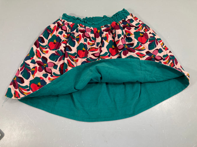 Jupe réversible velours vert foncé et fleurs roses et vertes taille élastique,taille estimée, moins cher chez Petit Kiwi