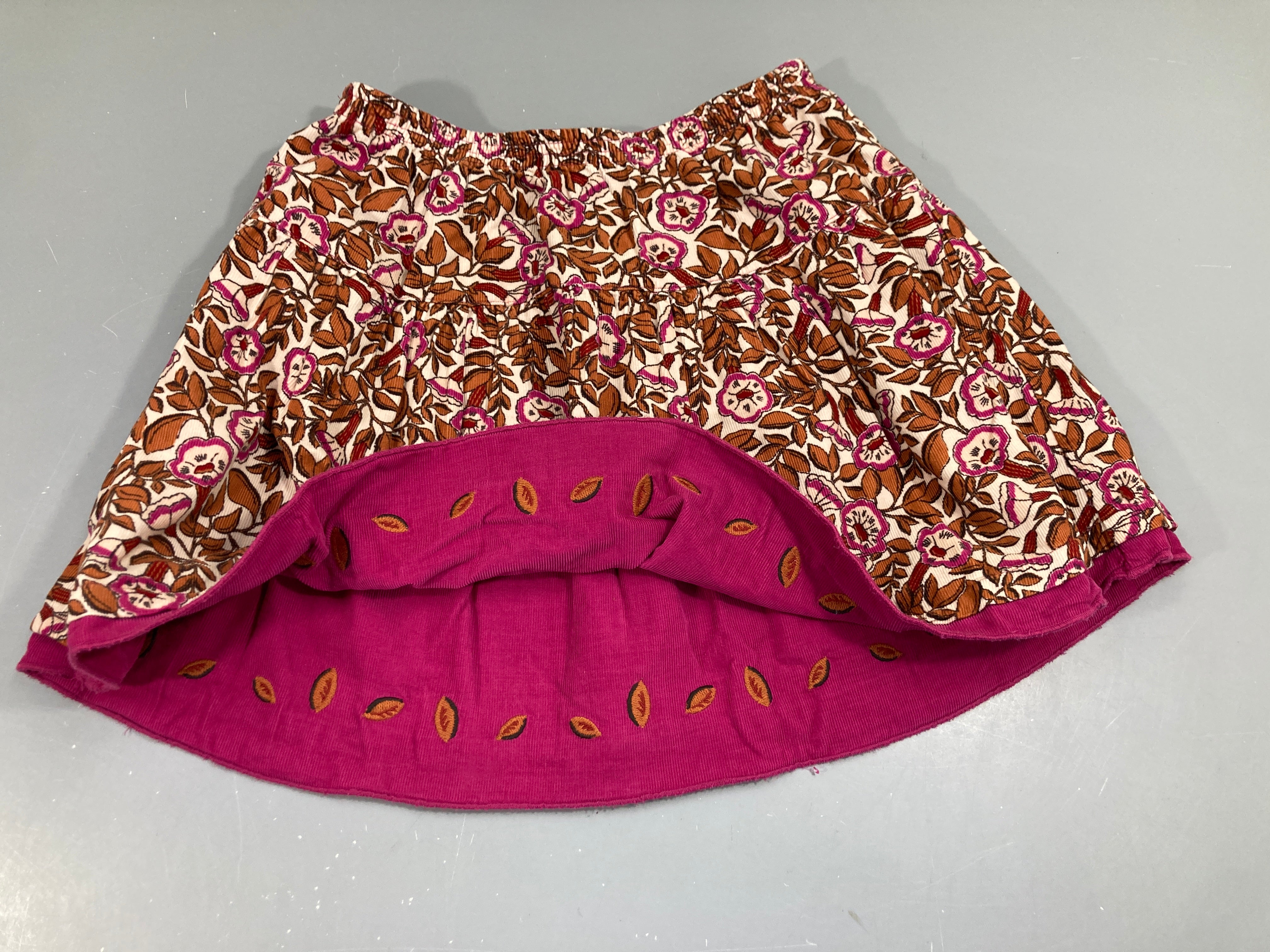 Jupe réversible velours rose et fleurs roses et brunes taille élastique,taille estimée