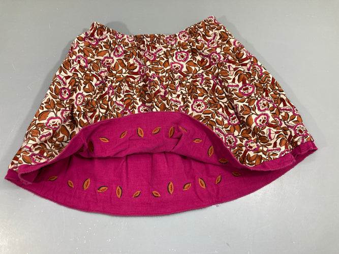 Jupe réversible velours rose et fleurs roses et brunes taille élastique,taille estimée, moins cher chez Petit Kiwi