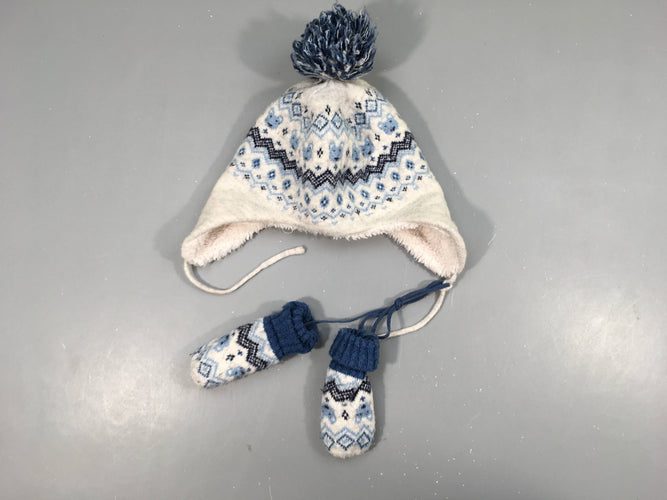 Bonnet bleu mailles torsadées doublé jersey pompon, moins cher chez Petit Kiwi