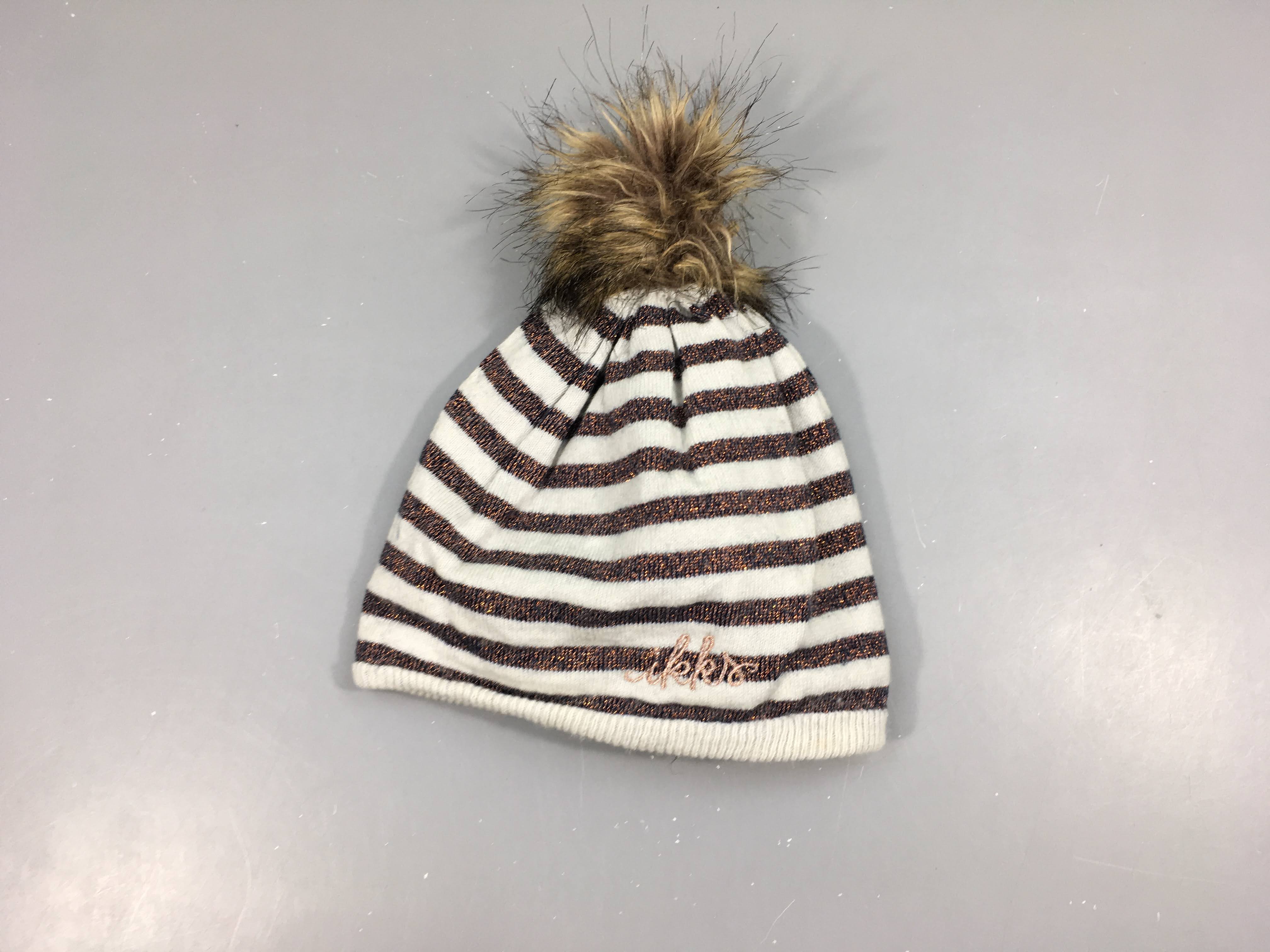 Bonnet beige rayé irisé doublé peluche Pompon