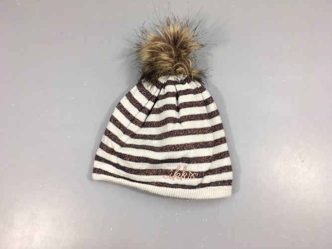 Bonnet beige rayé irisé doublé peluche Pompon, moins cher chez Petit Kiwi