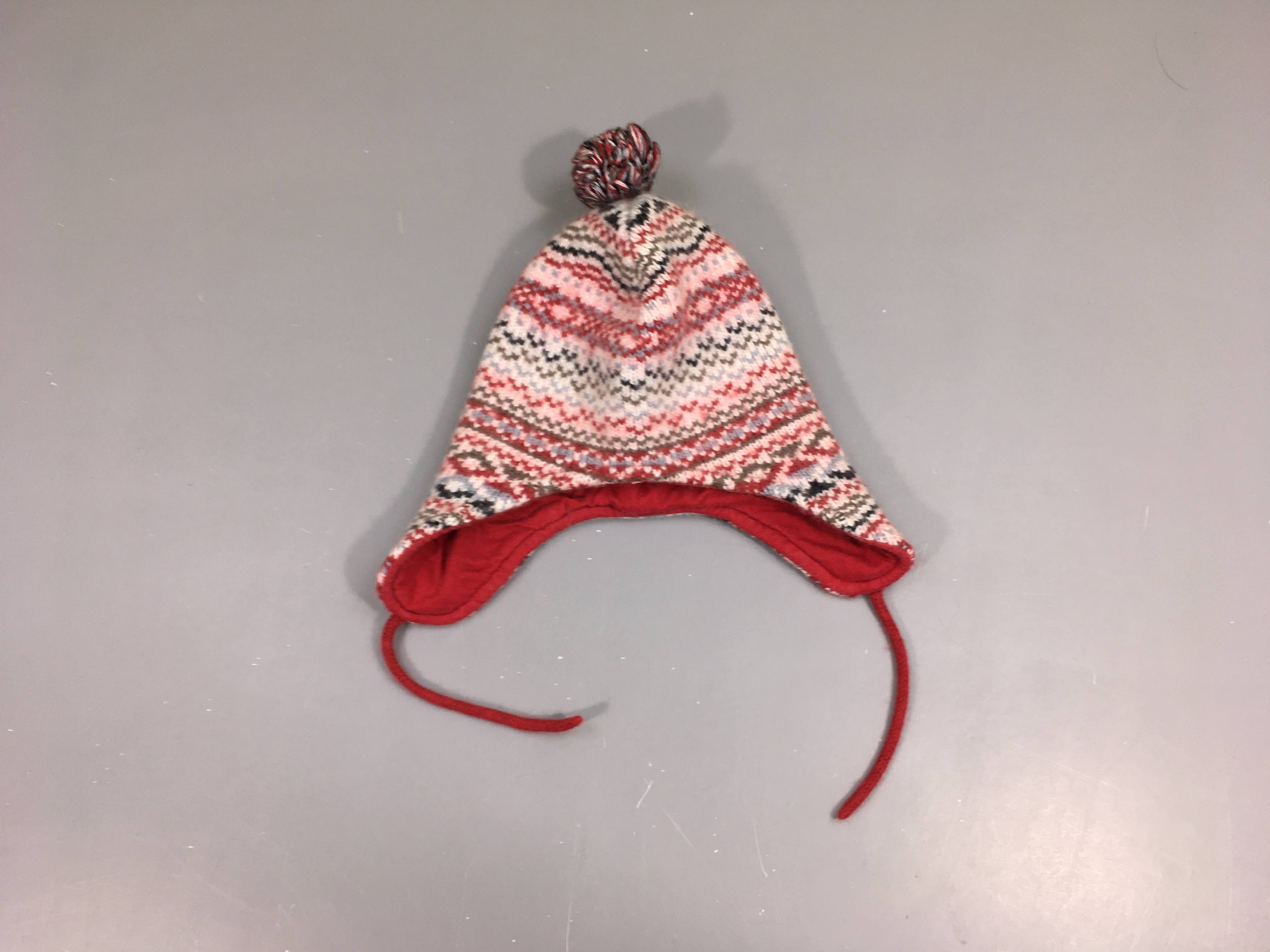 Bonnet mailles rouges-rose-blanc pompon doublé jersey