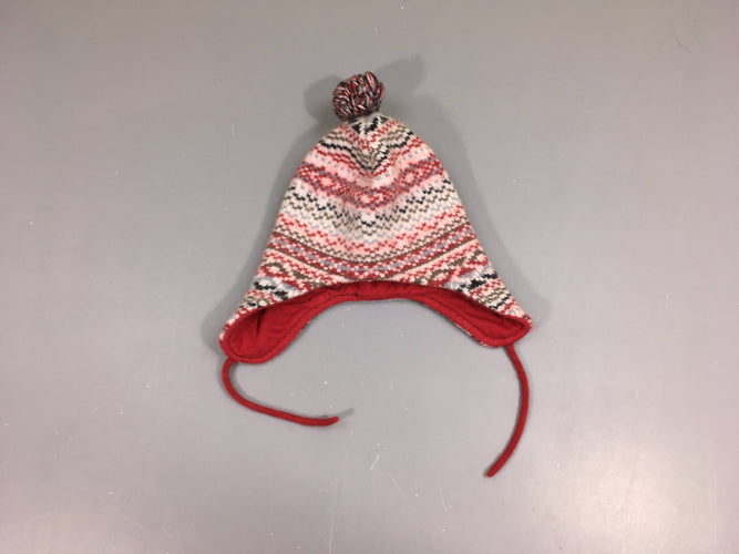Bonnet mailles rouges-rose-blanc pompon doublé jersey, moins cher chez Petit Kiwi