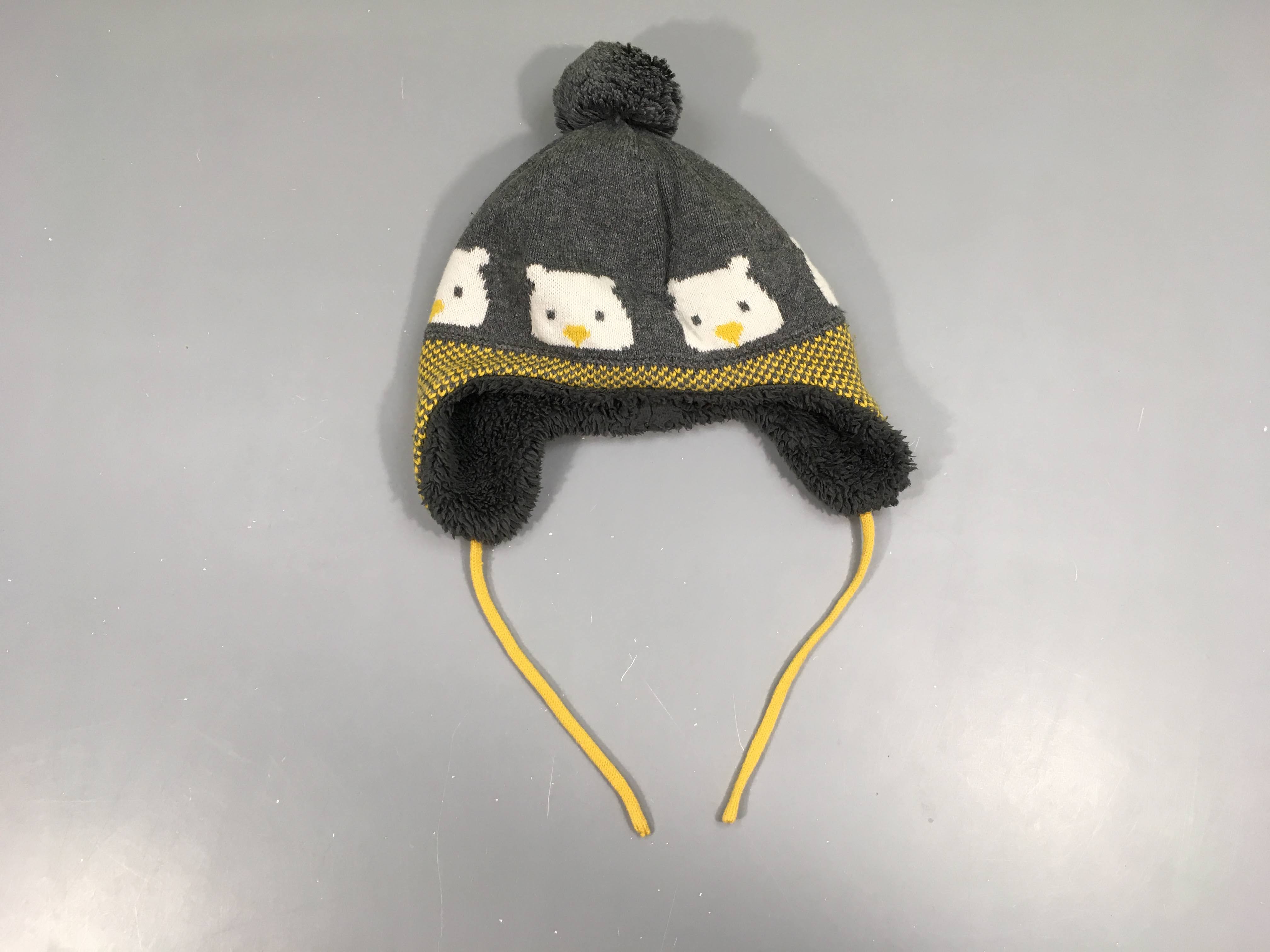 Bonnet mailles fines grises pompon jaune chiné doublé peluche