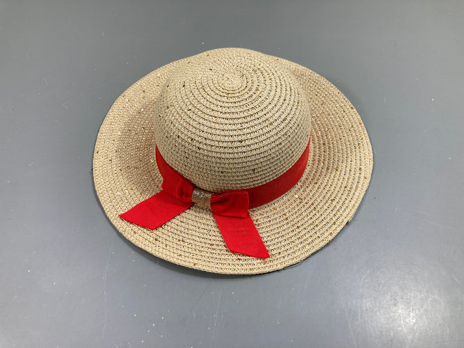 Chapeau  tressé beige sequins dorés noeud rouge, moins cher chez Petit Kiwi