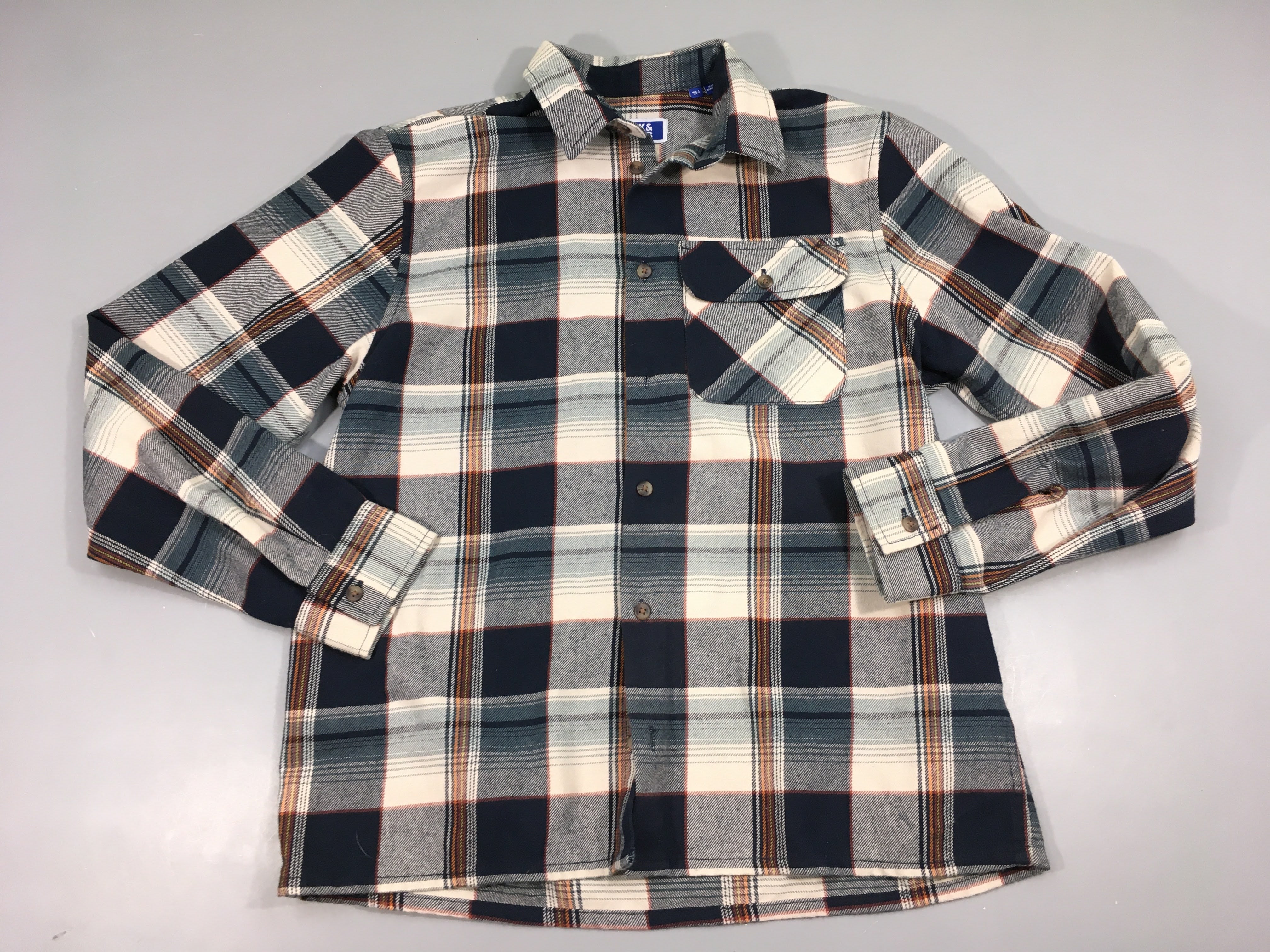 Chemise m.l flanelle à carreaux bleu marine/blanc/orange