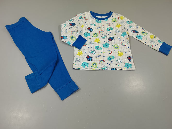 Pyjama 2pcs jersey  blanc et bleu monstres, moins cher chez Petit Kiwi
