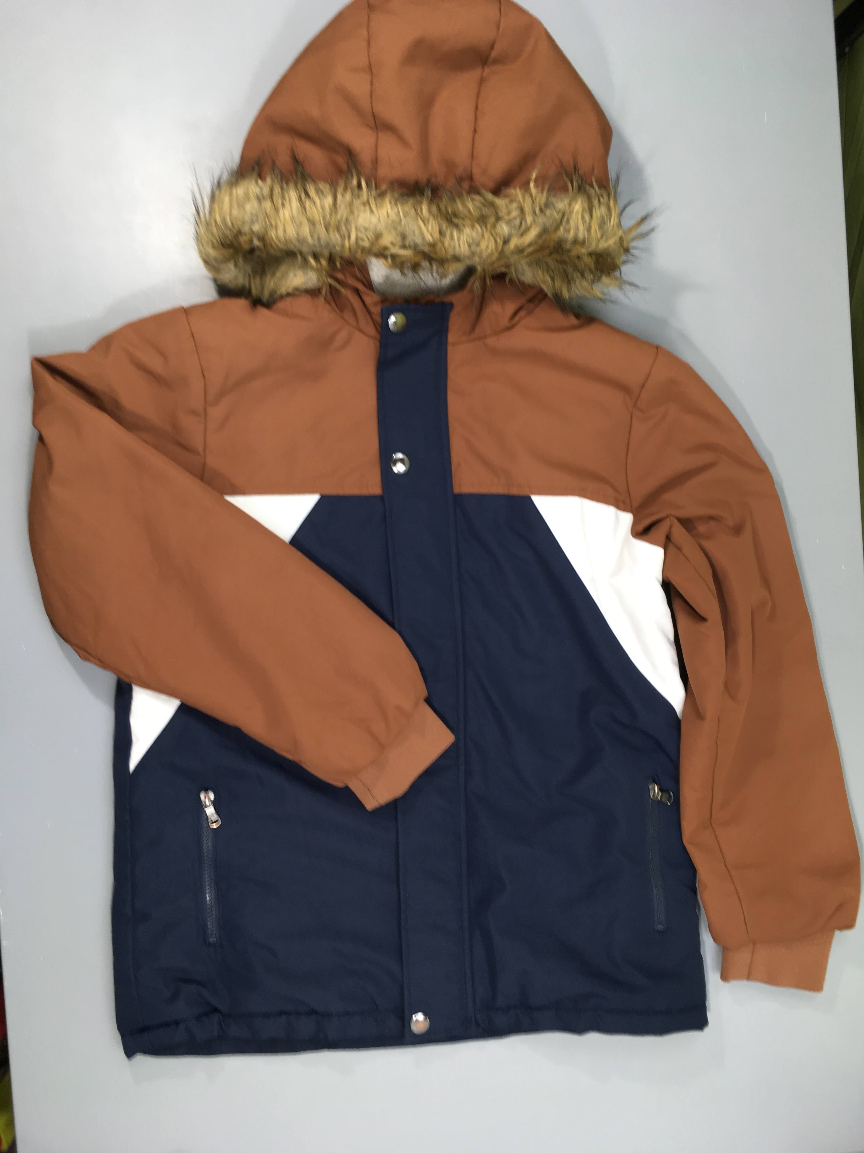 Veste brun-bleu à capuche fausse fourrure doublé peluche