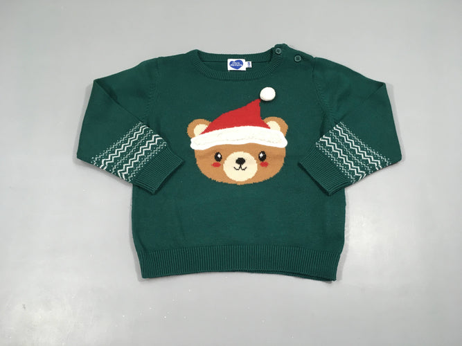 Pull vert ourson pompom, moins cher chez Petit Kiwi