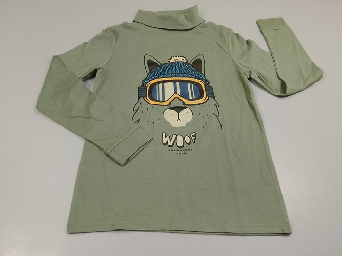 T-shirt m.l à col roulé  vert sauge chien avec lunettes de ski "woof", moins cher chez Petit Kiwi
