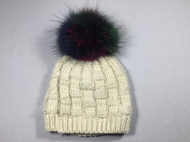 Bonnet beige - pompon coloré (rose/bleu/vert/orange) - intérieur en softy - taille estimée : 8/10a, moins cher chez Petit Kiwi