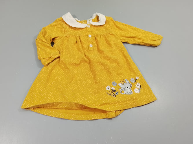 Robe m.l jaune à pois blancs, broderie chaton,col blanc .Fermeture par pressions à l'arrière, moins cher chez Petit Kiwi