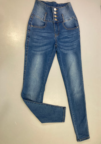 Jean taille haute boutonné effet superposé tressé arrière, moins cher chez Petit Kiwi