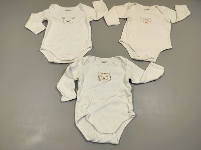 Lot de 3 bodies blancs , têtes d'animaux 100% coton, moins cher chez Petit Kiwi