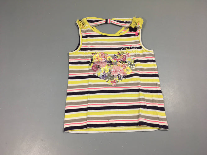 T-shirt s.m jaune rayé papillons, tulle sequins, légèrement bouloché, moins cher chez Petit Kiwi