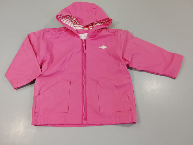 Veste zippée à capuche imperméable rose, légère trace de décoloration à l'arrière, moins cher chez Petit Kiwi