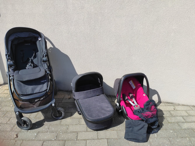 Poussette Maxi-Cosi Adorra grise + Nacelle pliante Oria grise + Maxi-Cosi  Pebble rose +moustiquaire - seconde main/occasion pour 270 € • Petit Kiwi