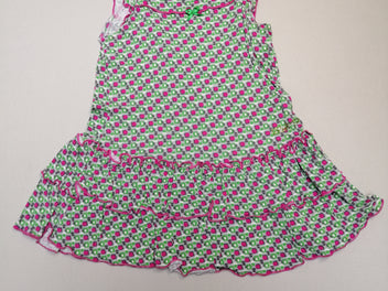 Robe m.c volants gris motifs fushia/vert noeud strass