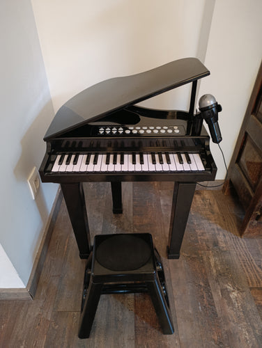 Grand piano sur pied à 37 touches avec microphone, + Tabouret. Nécessite 3 piles AA-non fournies. Fonctionne parfaitement-Quelques griffures sur le couvercles, moins cher chez Petit Kiwi