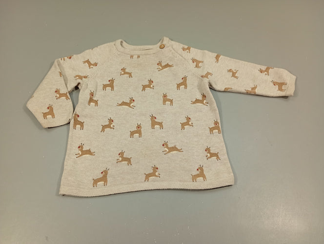 Pull beige chiné, rennes de Noël , légères petites taches sur le dessous, moins cher chez Petit Kiwi