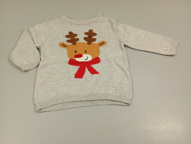 Pull gris chiné, renne de Noël, légèrement bouloché, moins cher chez Petit Kiwi