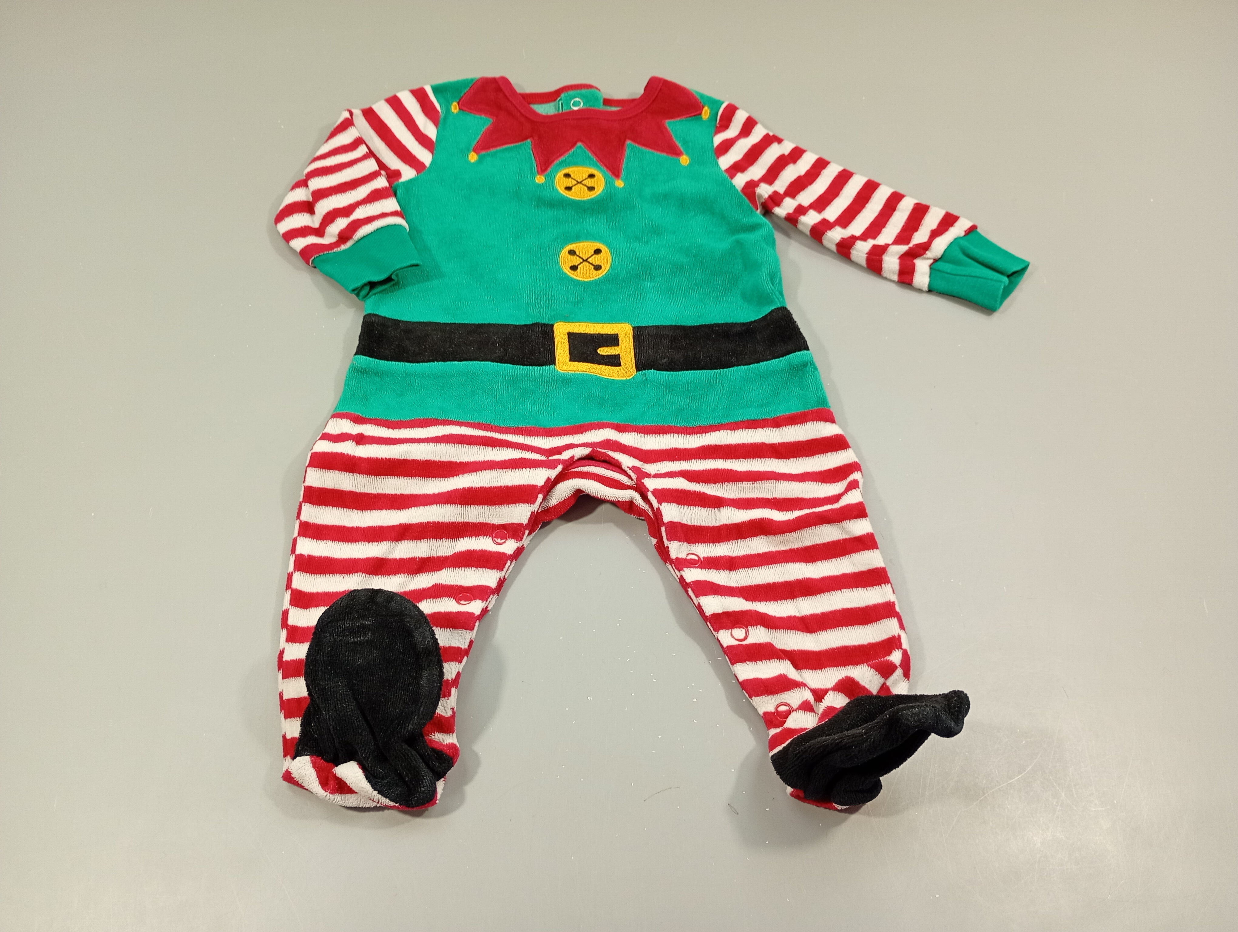 Pyjama velours  vert , rayé rouge et blanc , lutin de Noël