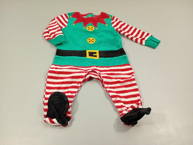 Pyjama velours  vert , rayé rouge et blanc , lutin de Noël, moins cher chez Petit Kiwi