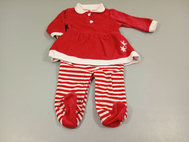 Pyjama velours rouge et blanc effet robe par dessus le pantalon rayé rouge et blanc, moins cher chez Petit Kiwi