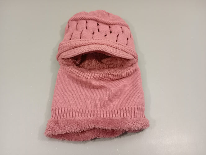 2en1  bonnet cagoule, tour de cou tricot rose, intérieur peluche, moins cher chez Petit Kiwi