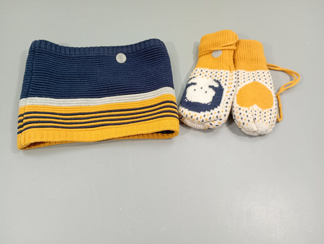 Ensemble tour de cou et gants  bleu marine, jaune et blanc, moins cher chez Petit Kiwi