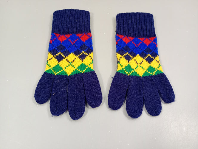 Gants bleu marine, motifs colorés, pas de taille indiquée estimée 6a, moins cher chez Petit Kiwi