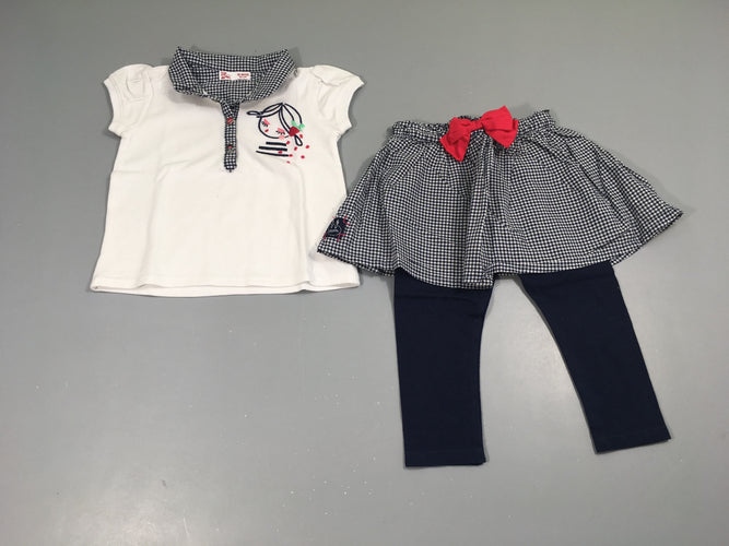 Polo m.c blanc fille + jupe Legging intégré bleu à carreaux, moins cher chez Petit Kiwi