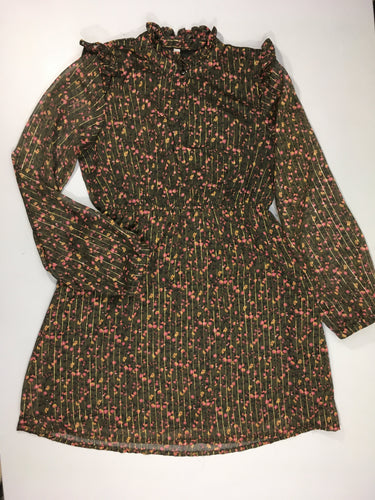 Robe ml voile doublée brun fleuri ligné doré col légèrement montant, moins cher chez Petit Kiwi