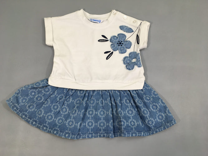 Robe m.c bi-matière jersey blanc fleurs denim, bas denim ajouré toute petite tache à l'avant, moins cher chez Petit Kiwi
