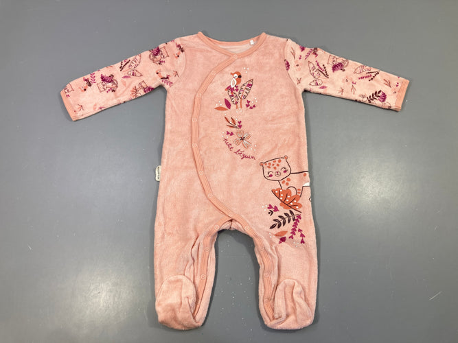 Pyjama velours Petit Béguin rose motifs léopards, plumes, ..., moins cher chez Petit Kiwi